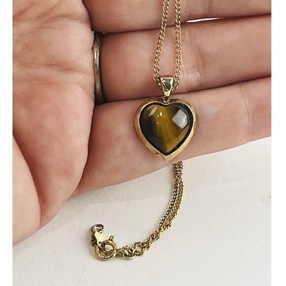 Tiger Eye Heart Pendant GF Gold Chain Dainty 1/20 12KT Thin Beautiful Vintage 90 - Picture 1 of 16